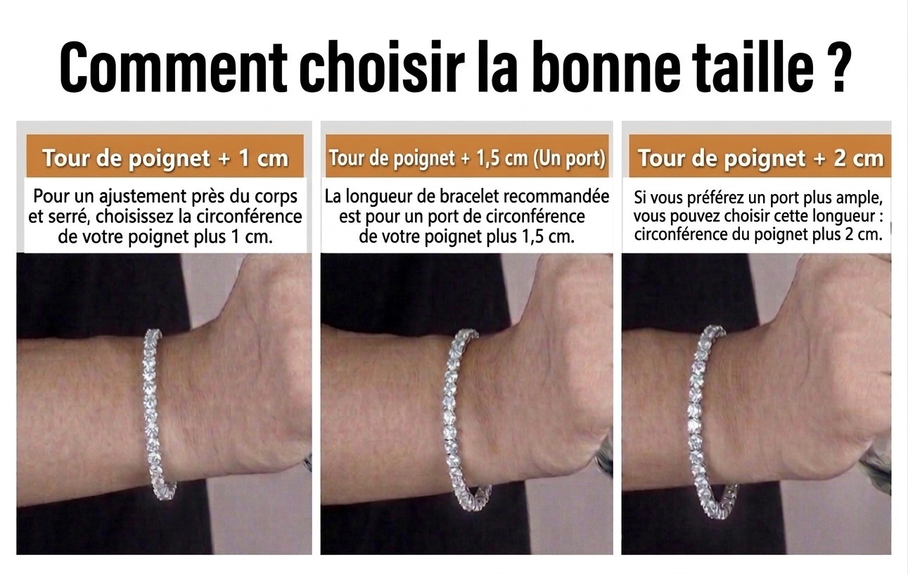 Comment choisir la bonne taille de bracelet tennis : tour de poignet plus 1 cm, 1,5 cm ou 2 cm selon le porté
