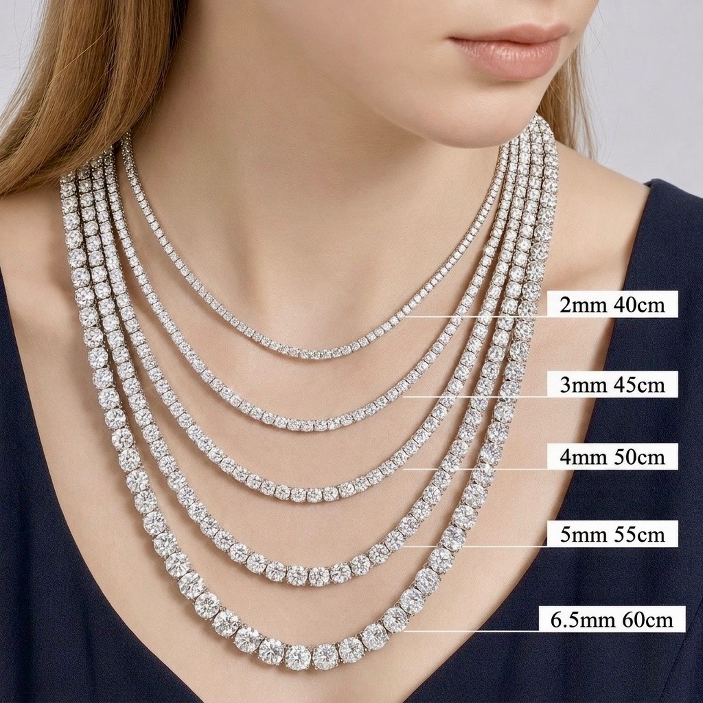 Guide des longueurs du collier tennis en moissanites porté : 2 mm en 40 cm, 3 mm en 45 cm, 4 mm en 50 cm, 5 mm en 55 cm et 6,5 mm en 60 cm