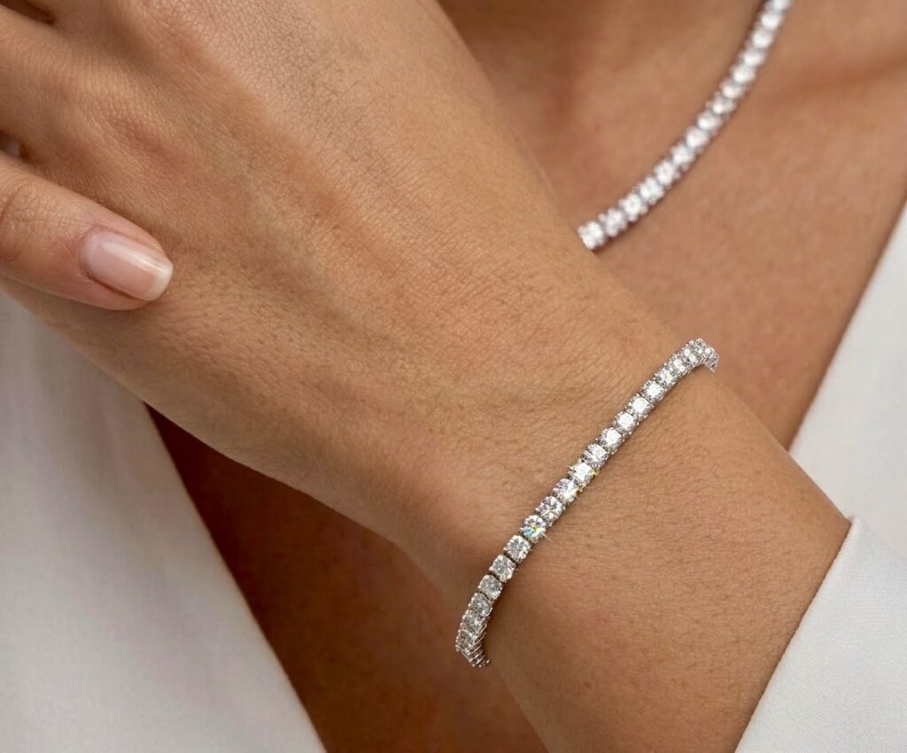 Moissanite and 925 silver tennis bracelet and riviera necklace, worn