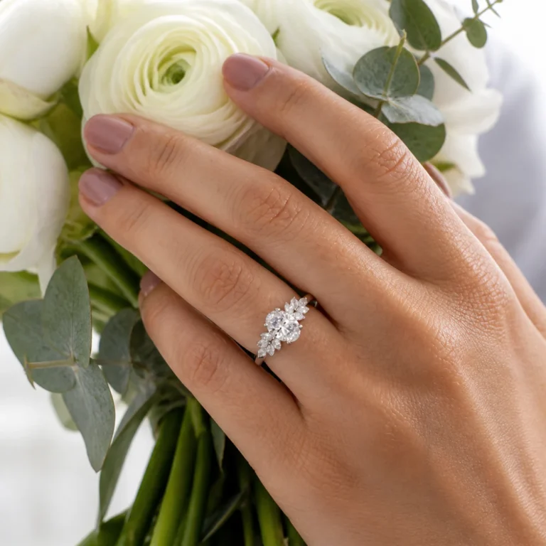 Anello La Marquisette con diamante sintetico indossato, mano che tiene un mazzo di ranuncoli bianchi