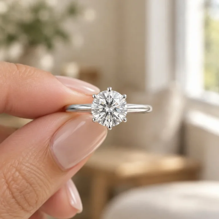 Anello solitario con moissanite tenuto tra le dita, pietra rotonda incastonata a 6 griffe