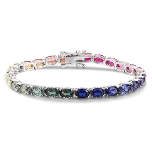 Bracelet tennis Rainbow Riviera blanc (or blanc ou argent 925 rhodié) serti de saphirs synthétiques ovales en dégradé arc-en-ciel, fermoir à double sécurité