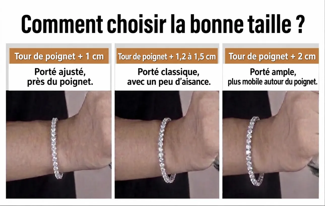 Comment choisir la bonne taille de bracelet tennis : tour de poignet plus 1 cm, 1,2 à 1,5 cm ou 2 cm selon le porté