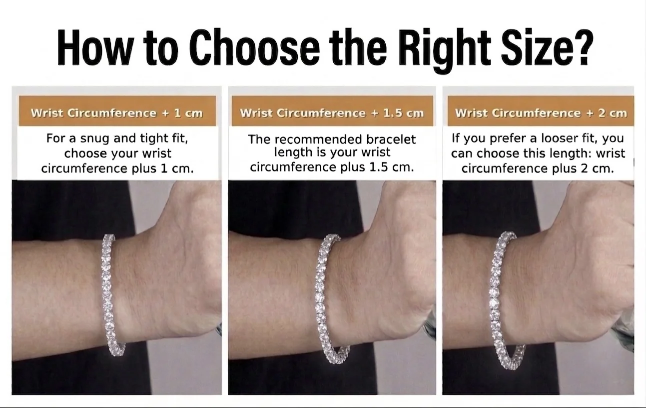 How to choose the right tennis bracelet size: wrist circumference plus 1 cm for a snug fit, plus 1.5 cm recommended, plus 2 cm for a looser fit